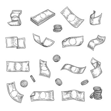 Hand Drawn Money. Argent Coins Finance Capital Gold Investment Symbols Vector Collection. Illustration Investment Money, Banking Drawing Currency Cash