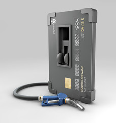 3d Rendering of Realistic credit with fuel hose petrol station concept