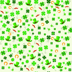 Seamless pattern dedicated to St. Patrick's Day, consisting of holiday elements: hats, mustaches, clover leaves