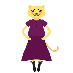 funny Kawaii cat girl in dress with pink cheeks, cartoon pet yellow violet isolated on white background. Can be used for greeting card design, for your text, fashion print for baby clothes. Vector
