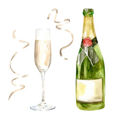 Watercolor illustration of romantic glass of sparkling champagne alongside a bottle and gold ribbon to celebrate a wedding, anniversary, New Year or Valentines day