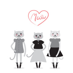 Obraz na płótnie Canvas funny Kawaii cat girl in dress with pink cheeks, cartoon pet gray black isolated on white background. Can be used for greeting card design, for your text, fashion print for baby clothes. Vector