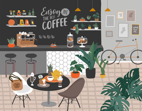 Coffee shop or cafe interior design. Scandinavian style interior with houseplants and handwritten quote text. Cartoon hand drawn vector