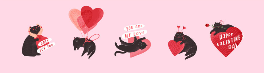 Cute cats in love. Romantic Valentines Day set for greeting card or poster. Cat give heart, kitten in hands, hero cat with rose, flying cat on balloon. Flyers, invitation. Vector concept © merfin