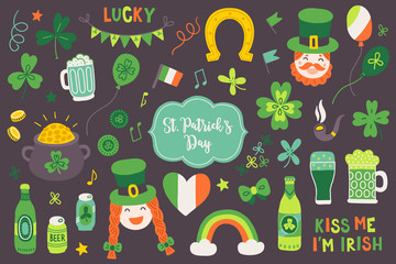 St. Patrick's Day elements - clover, beer, Irish man and woman