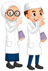 Boy and girl in science gown standing on white background