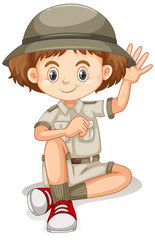 Girl in safari outfit waving hand on white background
