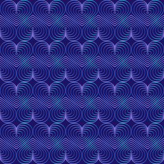 Seamless modern pattern. In vintage art deco style. Trend 2020. Isolated gradient lines of heart elements on blue background. Strips. For backgrounds, fills, packaging, wallpaper design and more.