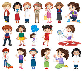 Large set of boys and girls doing different activity on white background