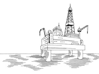 Drilling platform ocean sea landscape graphic black white sketch illustration vector