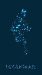 Myanmar network map. Abstract geometric map of the country. Internet connections and telecommunication design. Vibrant vector illustration.