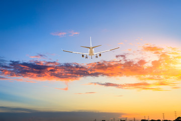 High-altitude airplane and beautiful sky at dusk