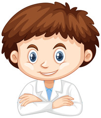 Happy boy wearing lab gown on white background