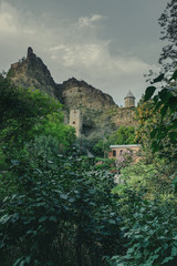 Fototapeta premium view of the fortress of Narikala from the Botanical Garden of the city of Tbilisi in Georgia in the evening in cloudy weather in the fall
