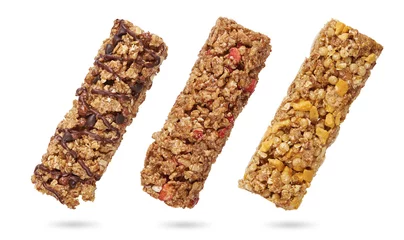 Fotobehang muesli cereal bar with chocolate isolated © spaxiax
