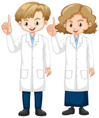 Fototapeta premium Boy and girl in science gown pointing finger up