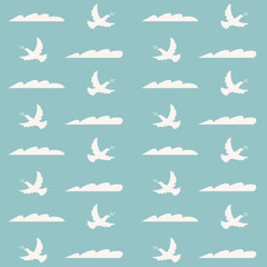 Dove with olive branch. A seamless vector pattern with doves and clouds.