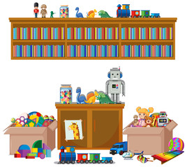 Shelf full of books and toys on white background