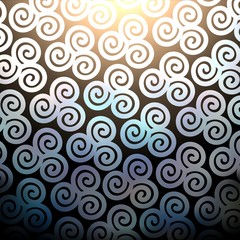 Curl gleam pattern on black background. Black white ornamental iridescent texture. Twirls ornament illustration.