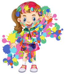 Girl with big smile covered her body with watercolor