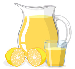 Lemon juice in glass and jug on white background