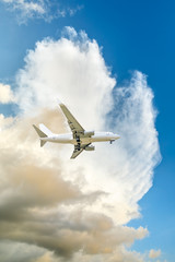 High-altitude airplane and beautiful sky in spring