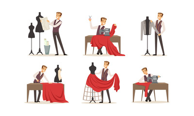 Male Clothing Designer Tailor Working at Atelier Collection, Dressmaker Making Out and Sewing Clothes by Sewing Machine Vector Illustration