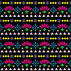 Mexican seamless vector pattern with flowers and abstract shapes - floral, happy textile or wallpaper design on black background