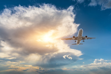 High-altitude airplane and beautiful sky at dusk