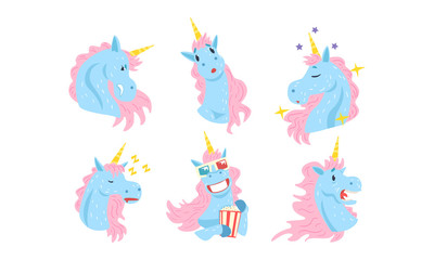Unicorns Cartoon Character Collection, Funny Mythical Animal in Different Situations and Various Emotions Vector Illustration