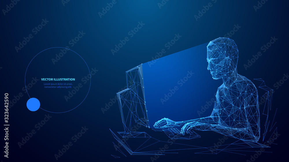 Aufkleber Computer technology low poly wireframe banner vector template. Software development, freelance poster polygonal design with text space. A person working with desktop PC 3d mesh art with connected dots