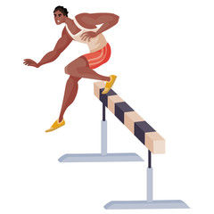 male afro-american athlete competes in the run with obstacles and jumps through the inventory, isolated object on a white background,