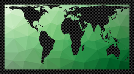 Low poly world map. Cylindrical Equal Area projection. Polygonal map of the world on transparent background. Stencil shape geometric globe. Trendy vector illustration.