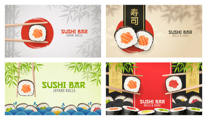 Naklejka na ściany i meble Asian Food poster. Sushi ads. Poster of Sushi Restaurant. Vertical flyer. Realistic vector illustration. Translation Sushi bar