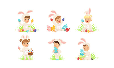 Happy Easter, Collection of Cute Little Boys and Girls Dressed in Bunny Costumes Sitting on the Grass and Playing with Colorful Easter Eggs Vector Illustration