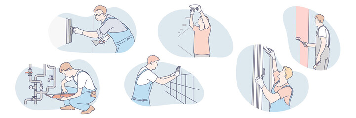 People do interior decoration, repair set concept. Illustration of young men painters, plumbers, plasterers doing interior decoration of building isolated on white background. Repair in cartoon style.