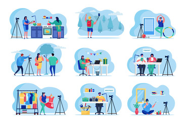 Fototapeta premium Bloggers video streaming online social media vector illustrations set. Various video blogger make review. Share content in internet. Popular people blog streaming online. Education and fashion.