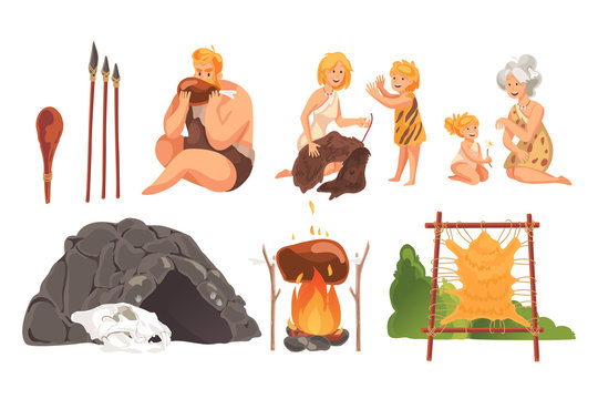 Prehistoric people in stone age set concept. Ancient prehistoric young and adult cave people, doing daily routine, hunting prey, cooking. Life in stone age in cartoon style. Simple flat vector