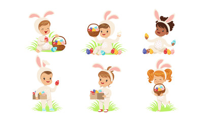 Happy Easter, Collection of Cute Little Kids Dressed in Bunny Costumes Playing with Colorful Easter Eggs Vector Illustration