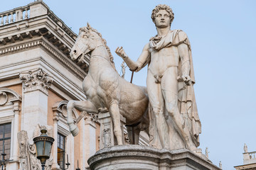 marble statue of Dioscur, patron saint of republican Rome in the center of the Italian capital