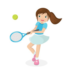 Young brown haired pretty girl in skirt playing tennis with a racket and a ball on a white background. Vector illustration in cartoon style