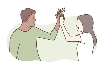 Friendship, success concept. Illustration of international friendship. Informal greeting and communication in cartoon style. Young woman or girl gives high five to man or boy friend. Simple vector