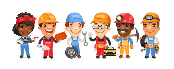 A group of cartoon worker characters with different professions stand on a white background. Mechanic, builder, tire fitting, locksmith, miner and cable man with tools. Flat style.