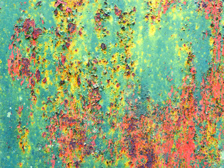 Rusty wall with cracked paint. Blue-green background with rust