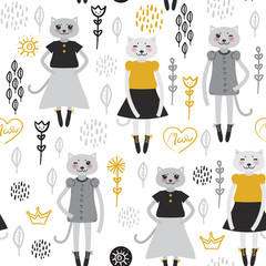 seamless pattern Kawaii cat girl in dress, cartoon pet black mustard yellow gray flowers leaves white background. For greeting card, fashion print for baby clothes Gift wrap fabrics wallpaper. Vector