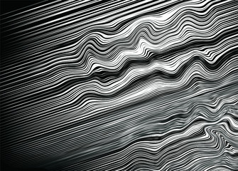 Black and white abstract waves of thin lines. Modern vector monochrome background