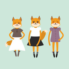 funny Kawaii fox girl in dress with pink cheeks, cartoon pet pink orange black white on green background. Can be used for greeting card design for your text, fashion print for baby clothes. Vector