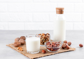Vegan milk from nuts in glass jar with nuts