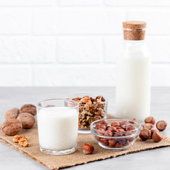 Vegan milk from nuts in glass jar with nuts