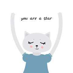 You are a star Kawaii cat girl, closed eyes, pink cheeks, cartoon pet gray blue black isolated on white background. Can be used for greeting card, for your text, fashion print for baby clothes. Vector